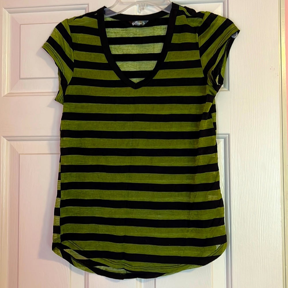 Black and green striped v neck T shirt.